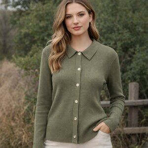 Lumière Olive Green Ribbed Collared Cardigan Sweater Button Front Classic